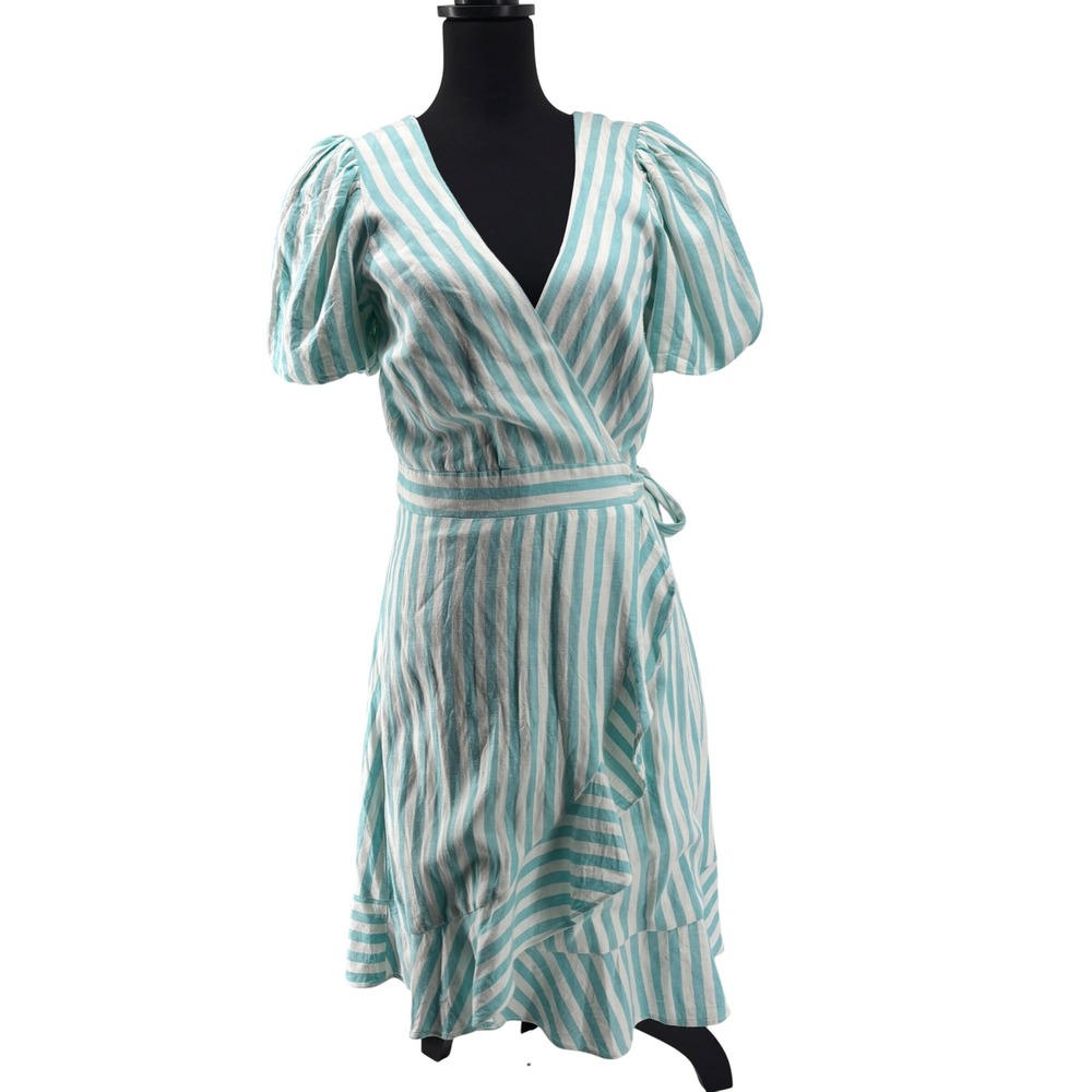 Draper James Teal White Striped Puff Sleeve Wrap Dress Ruffle Hem V-Neck Women S